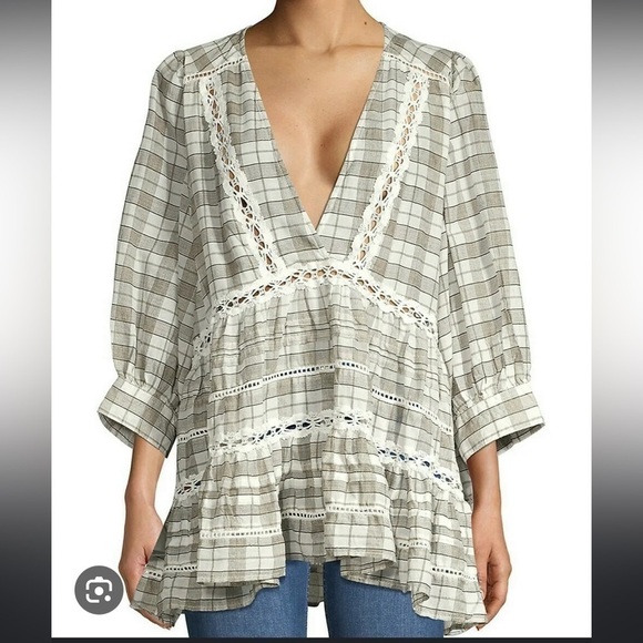 Free People time out lace green plaid tunic top - Picture 1 of 11